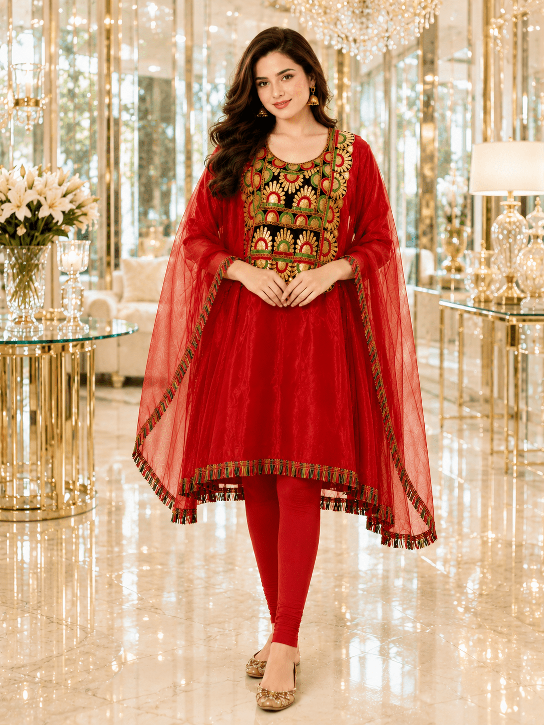 Ladies Net Kaftan Red - Party Wear Dress - Perfect Gift for Her